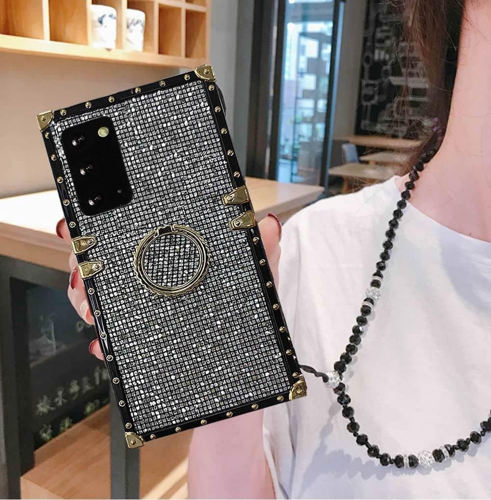 BABEMALL Compatible for Samsung Note 20 5G Case, Concise Glitter Bling Square Shockproof Anti Fall Protective Back Cover Case with Ring Holder and Bead Chain (Black)
