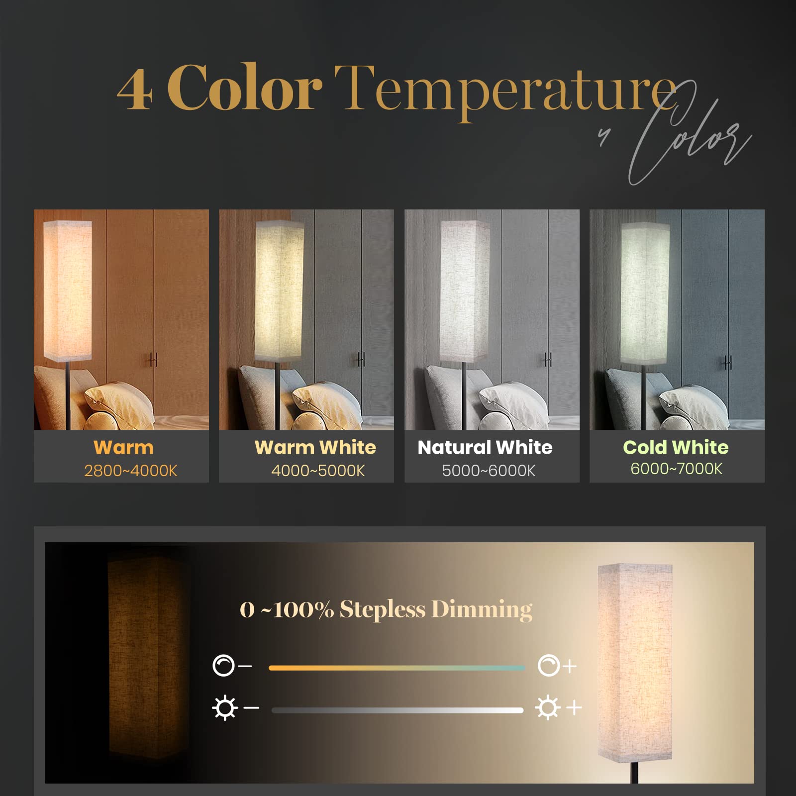 Lámpara de pie para dormitorio, sala de estar, oficina, con control remoto, moderna sala de estar, LED, temperatura de 4 colores y atenuador continuo, lámpara elegante de pie 3000k-7000k 4