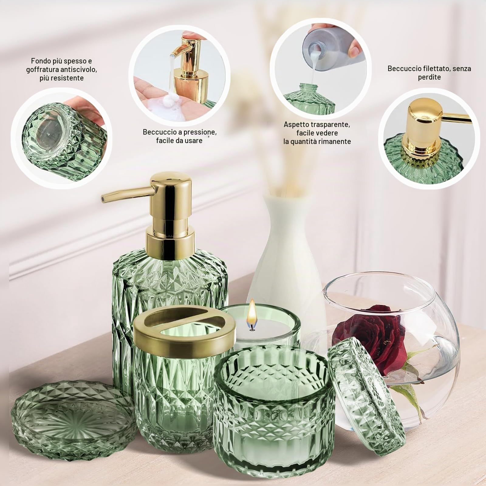 RUNQIN Set di 5 Accessori da Bagno in Vetro Trasparente (Dispenser di Sapone, Portasapone, Portaspazzolino, Bicchiere, Vasetto per Cotton Fioc), Decorazione Moderna e Contemporanea in Cristallo