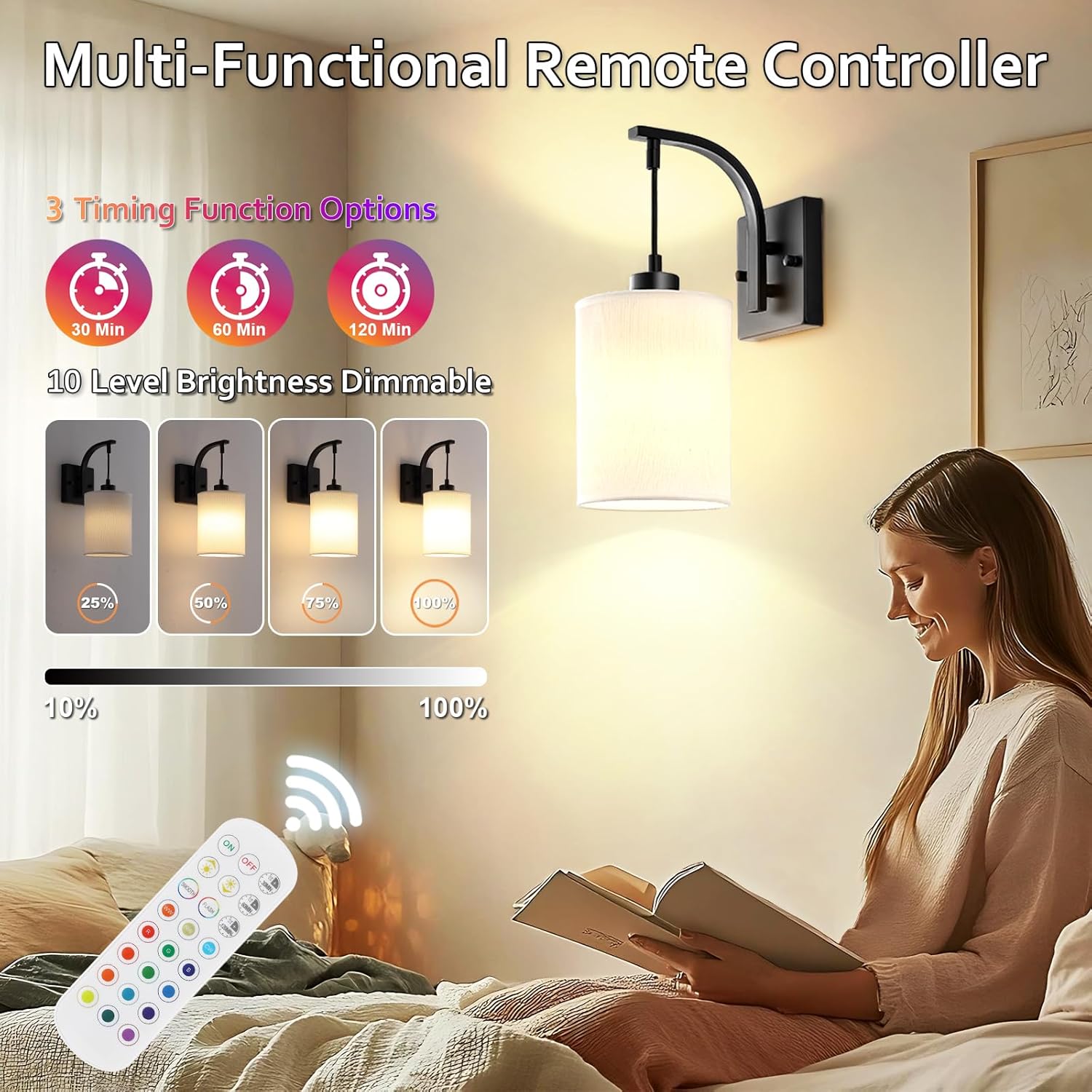 Battery Operated Wall Sconces Set of 2, Black Rechargeable Wall Sconces with Remote & Bulbs, Indoor Not Hardwired Wall Lights, 15 Colors Dimmable Cordless Wall Lamps for Living Room Bedroom Hallway
