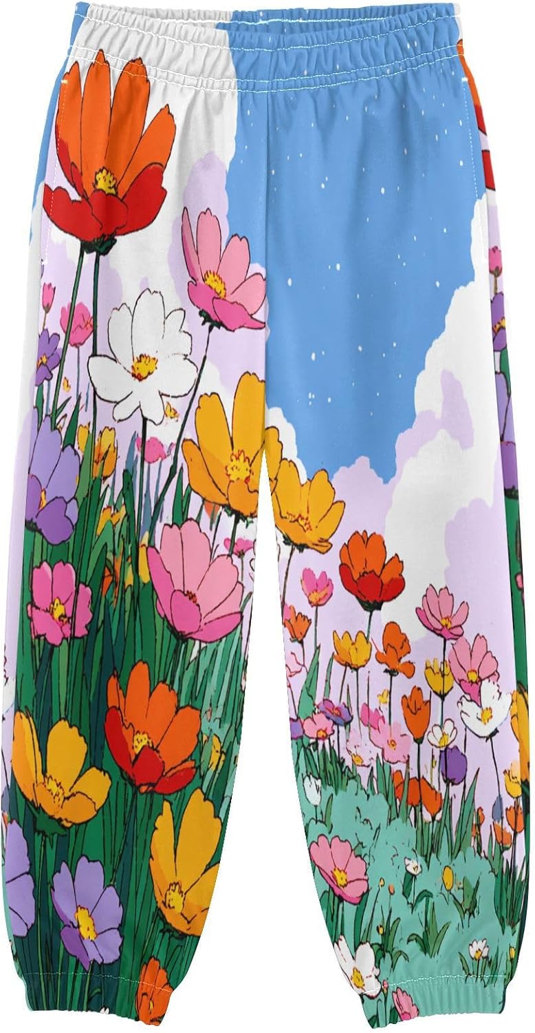 Boy Sweatpants Anime Style Wildflowers Floral Joggers Casual Athletic Pants Kids Elastic Waist Cuffed with Pockets