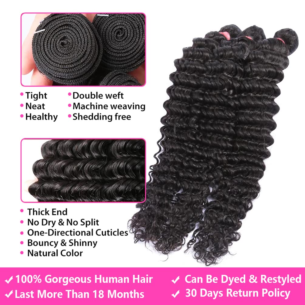 Deep Wave Bundles with Closure (12 14 16+10 Free Part) 12A 100% Unprocessed Brazilian Virgin Human Hair Bundles with 4x4 Lace Closure Deep Curly Weave Hair Extensions Natural Color for Black Women