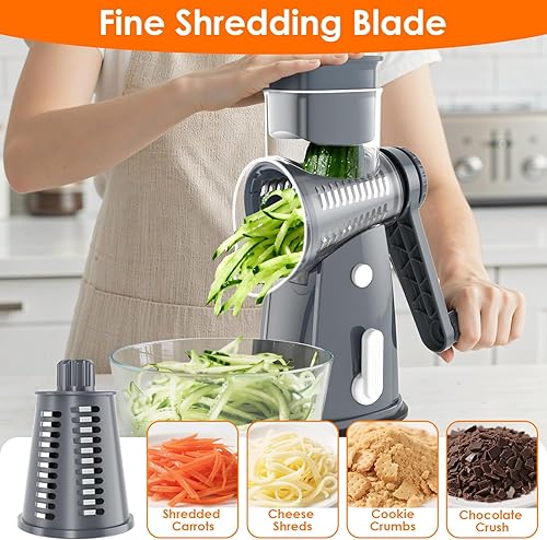 Miniatura 7 de Rallador de queso giratorio de 5 cuchillas con caja de almacenamiento, picador de verduras, triturador de queso para quesos, verduras, frutos secos,