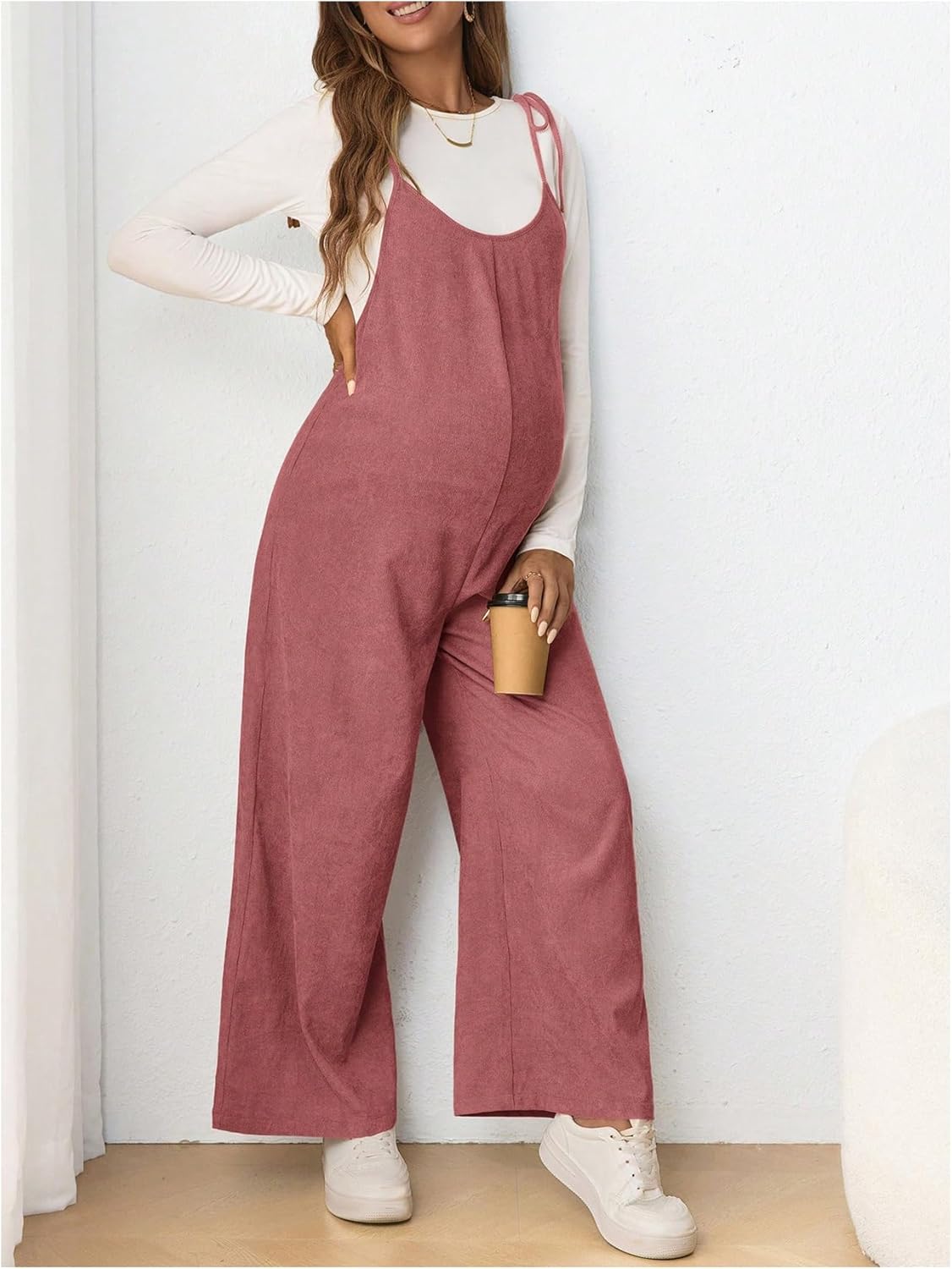 OYOANGLE Women's Maternity Wide Leg Overalls U Neck Spaghetti Strap Pregnancy Jumpsuits - Image 5