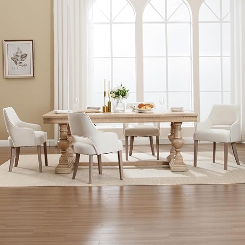 Miniatura 4 de Juego de 2 sillas de comedor estilo granja con fundas de lino para cocina con acento tapizado en los brazos, silla lateral con patas de madera para