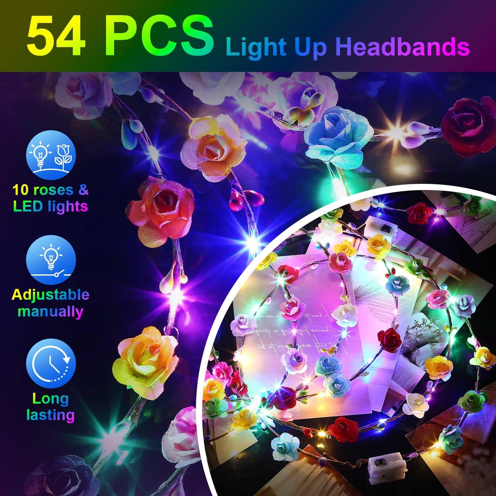 54 PCS LED Flower Crowns Headbands, Light Up Flower Crowns For Women, Glow in the Dark Headband for Wedding Reception Mardi Gras Cosplay Princess Party Favors Birthday Christmas Halloween