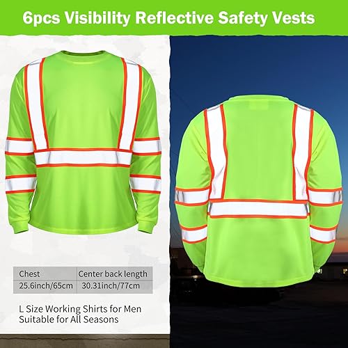 Miniatura 2 de Paquete de 6 camisetas de manga larga de seguridad, clase 3 de alta visibilidad con tiras reflectantes para trabajo topógrafo construcción