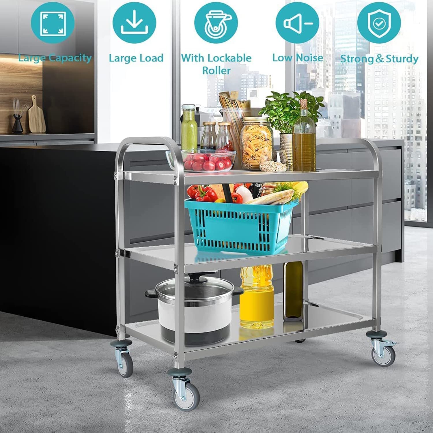 Carrello a 3 ripiani in acciaio inox, 750 x 400 x 835 mm, carrello da cucina con ruote di bloccaggio, per cucina, hotel, ristoranti