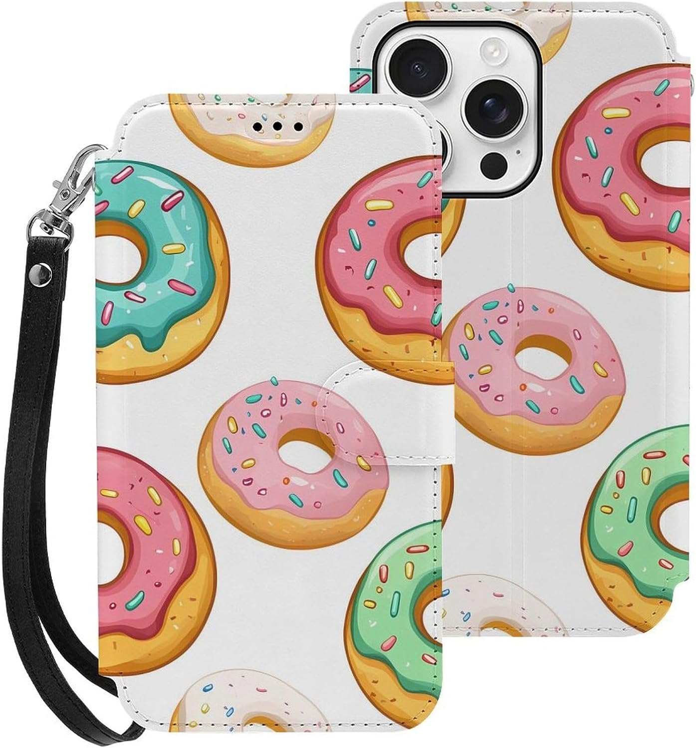 Colorful Doughnuts Compatible with iPhone 16/16 Plus/16 Pro/16 Pro Max/16 E Case Phone Wallet Card Holder Flip Cover with Wrist Strap