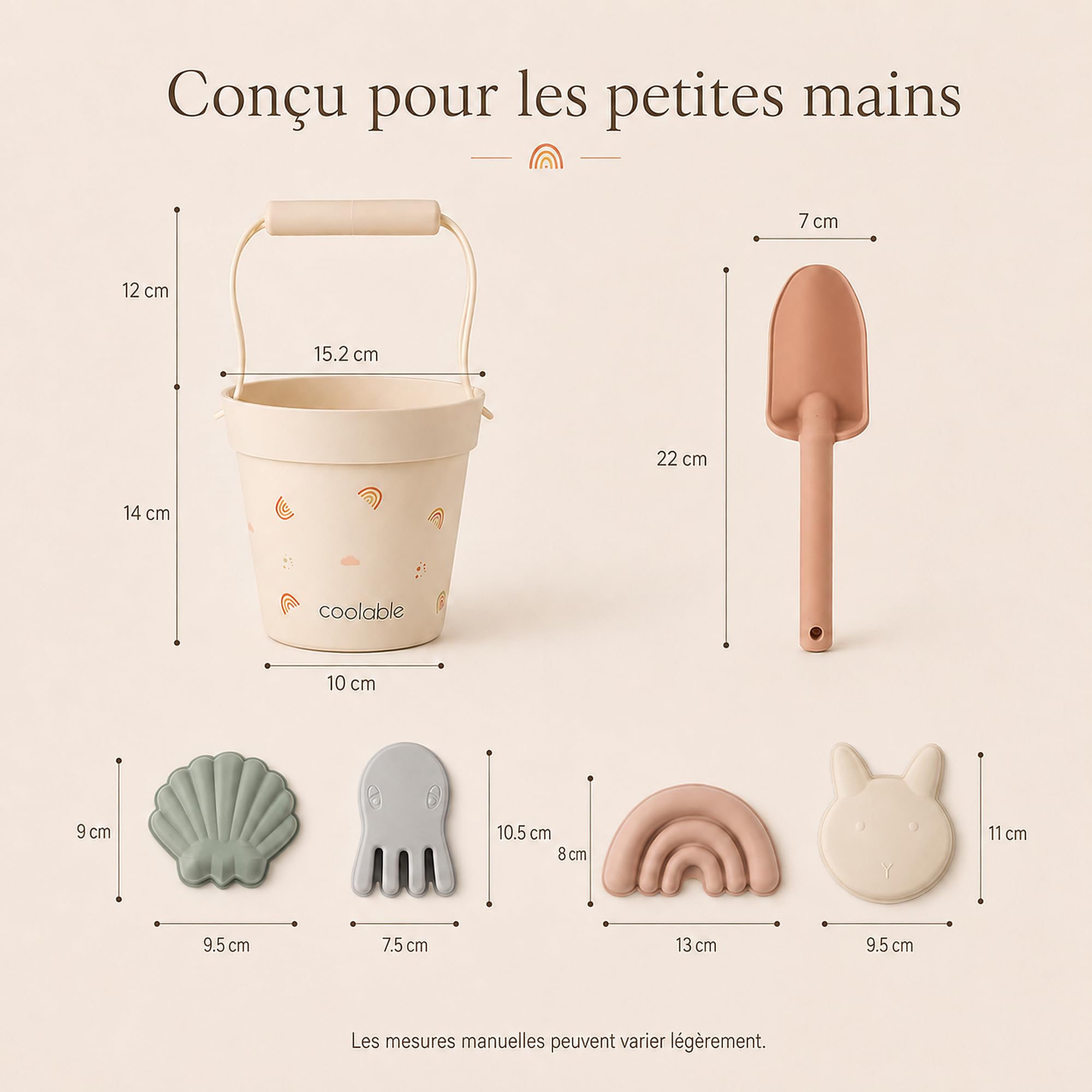 Lot de 6 Jouets de Plage en Silicone pour Enfants - Seau Pliable, Pelle, 4 Moules à Sable et Sac Filet - Arc-en-Ciel