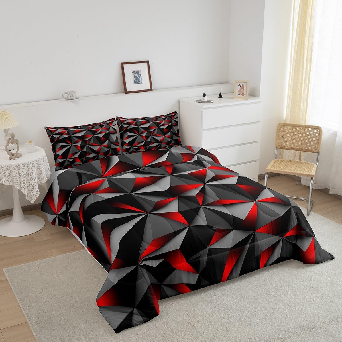 Feelyou Red Black Bedding Set Full Size Boys Girls Comforter Set for Kids Geometric Comforter Modern Abstract Duvet Set Room Decor Duvet Set