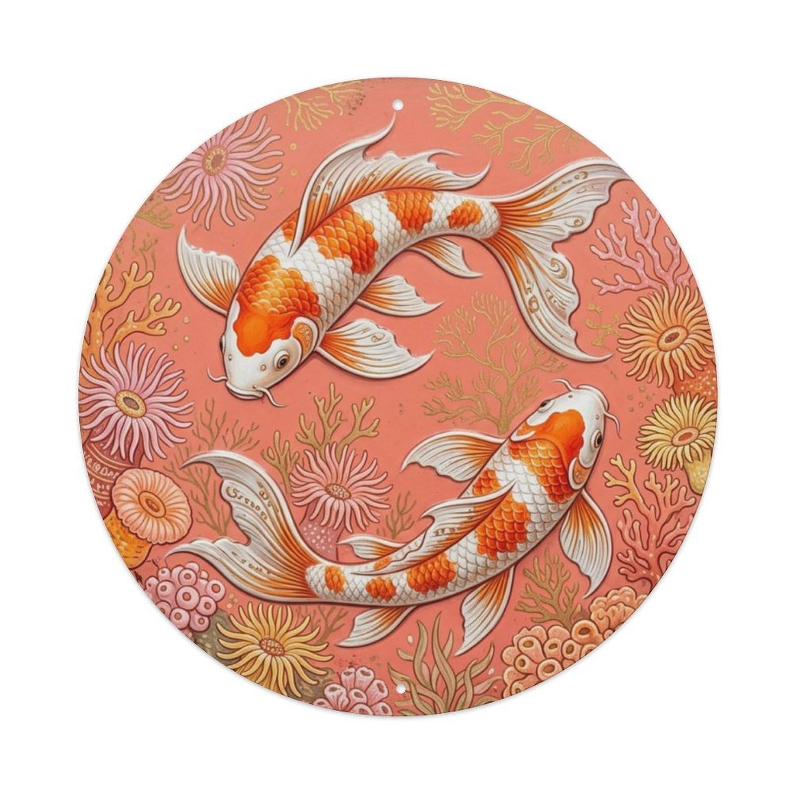 Fqcyn Style Koi Fish Coral Reef Paradise Livingroom Metal Tin Sign Plaque Wall Decor For Cafe, Club Bar, Office, Home Garden Round Metal Poster 8X8inch