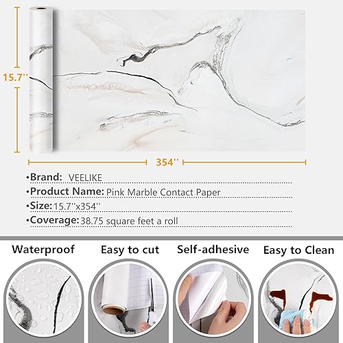 Miniatura 8 de VEELIKE Papel de contacto de mármol rosa y blanco impermeable para encimeras, papel de contacto de mármol blanco autoadhesivo para encimera de