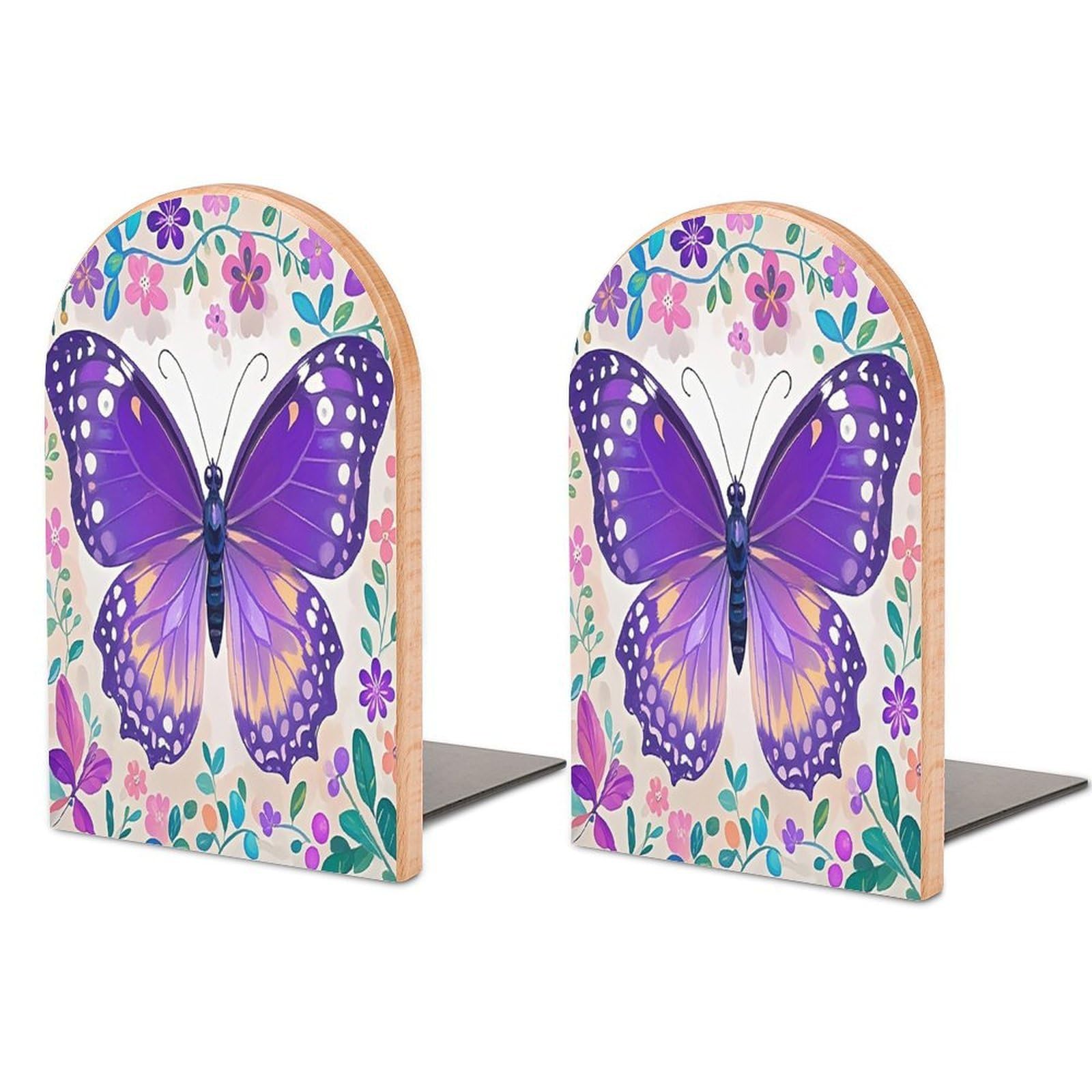 Cute Purple Butterfly Bookend for Shelves Unique Book End Sturdy Books Holder Heavy Duty Wooden Bookends Support Non-Slip Book Organizers Decorative Modern Bookend Holder for Home