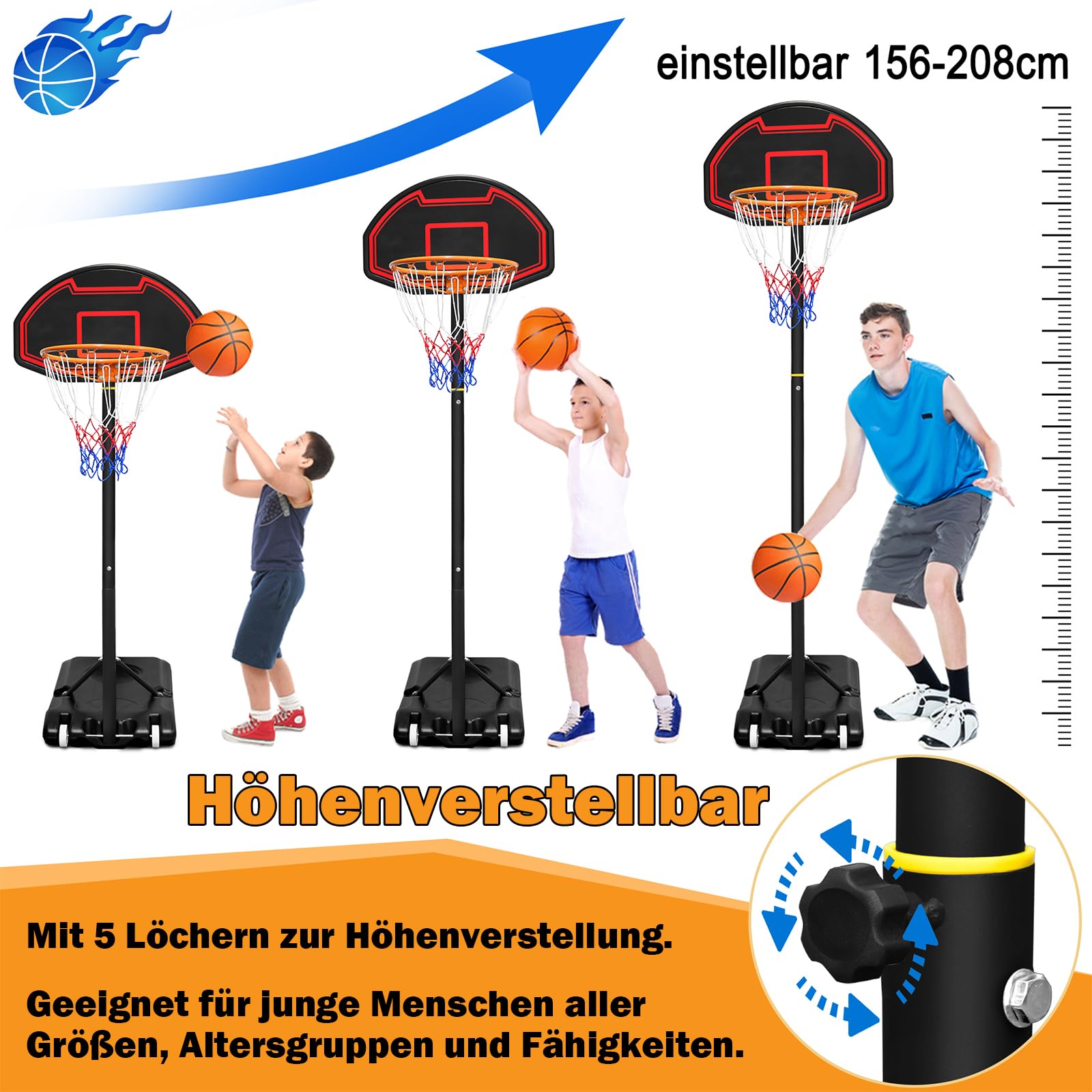Basketballkorb Outdoor Höhenverstellbar 156-208cm mit Basketball + Pumpe für Kinder - Mobile Basketballanlage mit Rollen