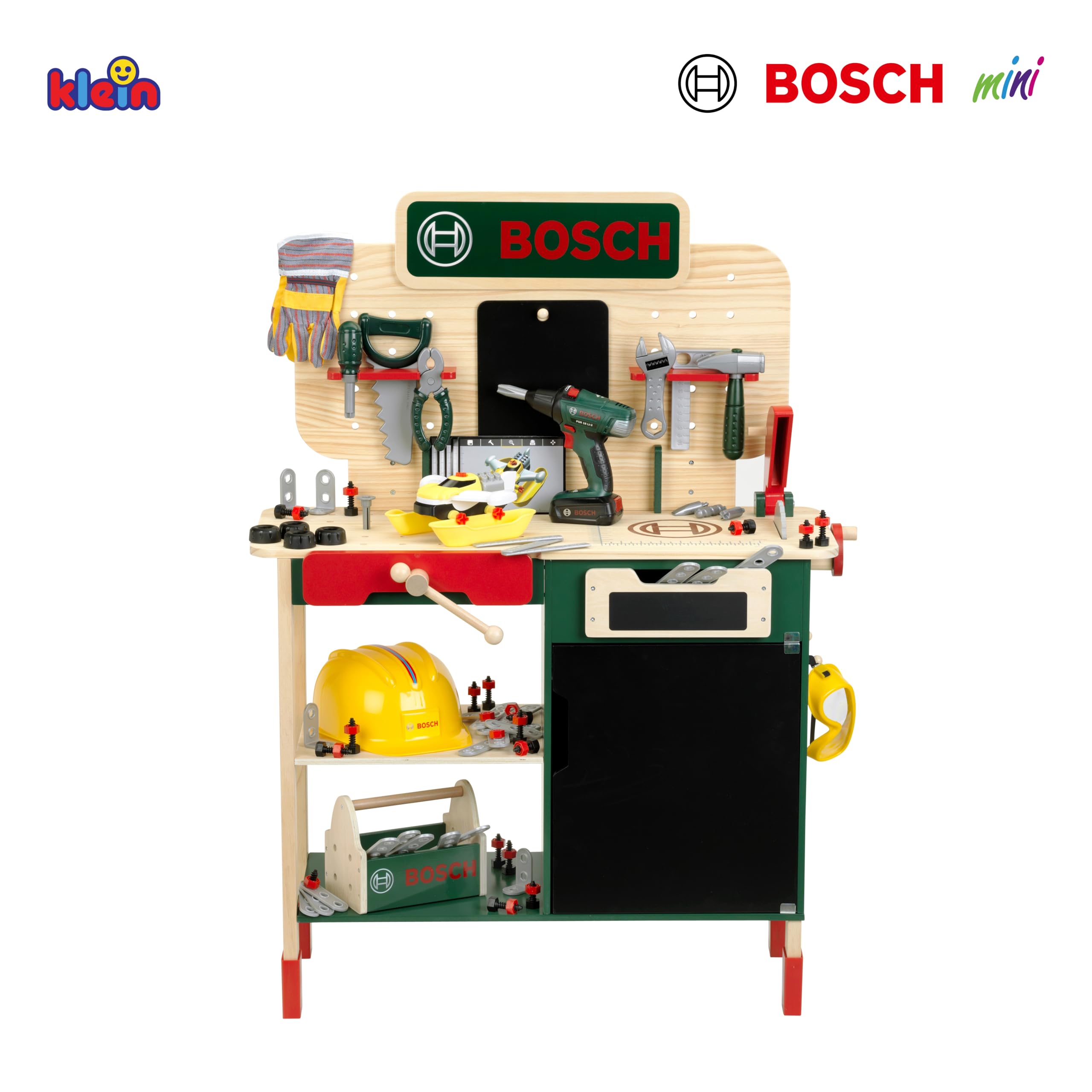 Theo Klein 8768 Bosch Banco da Lavoro Bosch in Legno | Robusto Piano di Lavoro per Bambini con Altezza Regolabile