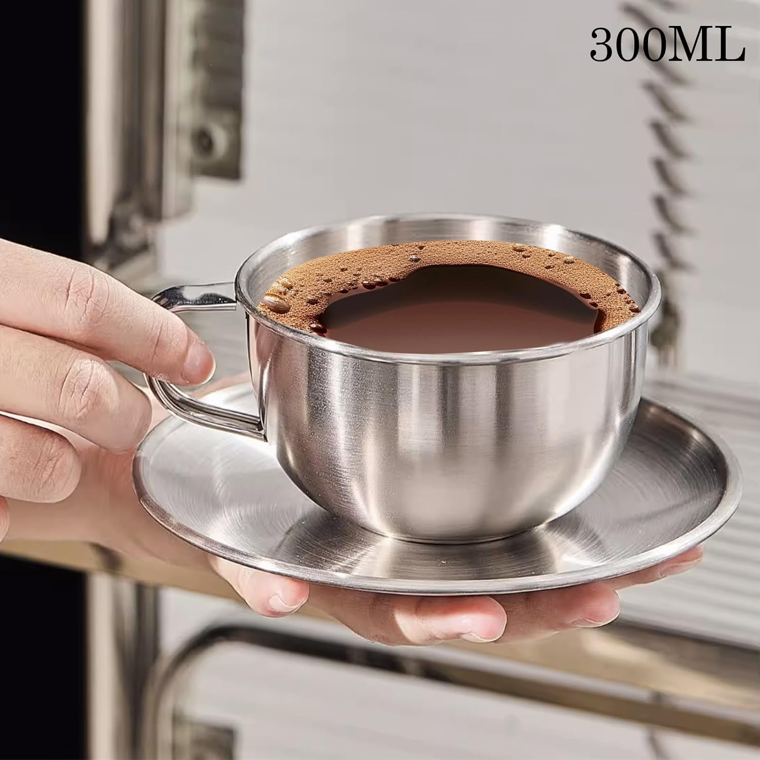 Vintage Stainless Steel Coffee Cup and Saucer Set, 300ml, European Industrial Style Metal Latte Tea Cup, Heat-Resistant, for Afternoon Tea, Home, Office, or Cafe Use