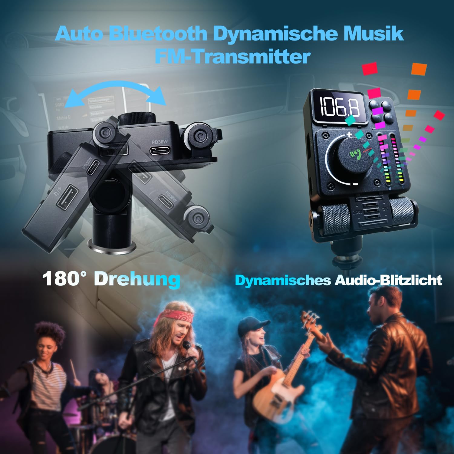 GizmoVine Nadajnik samochodowy Bluetooth 5.3 FM, adapter radia z PD 30 W i USB 12 W, telefon do Mani Libere, odtwarzacz MP3 zapalniczka, uchwyt USB, 64 GB, Accenti i Bassi