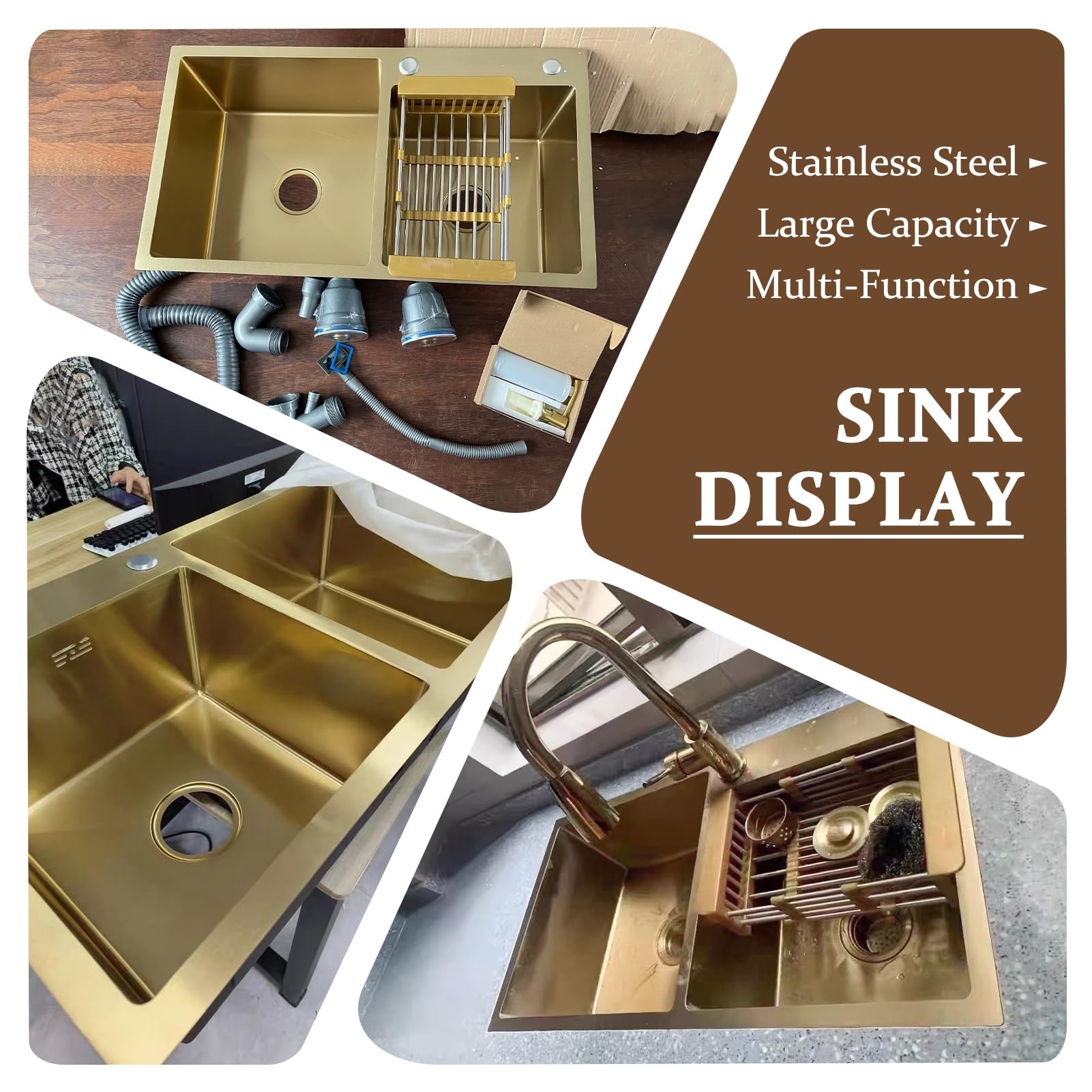 Fregadero de cocina de acero inoxidable cepillado dorado con doble tazón, moderno lavabo de gran capacidad con cesta de drenaje y sistema de drenaje, instalación superior/empotrado/bajo montaje