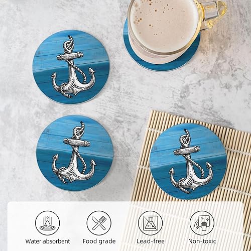 Miniatura 5 de Juego de 4 posavasos de anclaje para bebidas, juego de 4 pulgadas, fondo de madera absorbente, cerámica de diatomita, posavasos náuticos para mesa