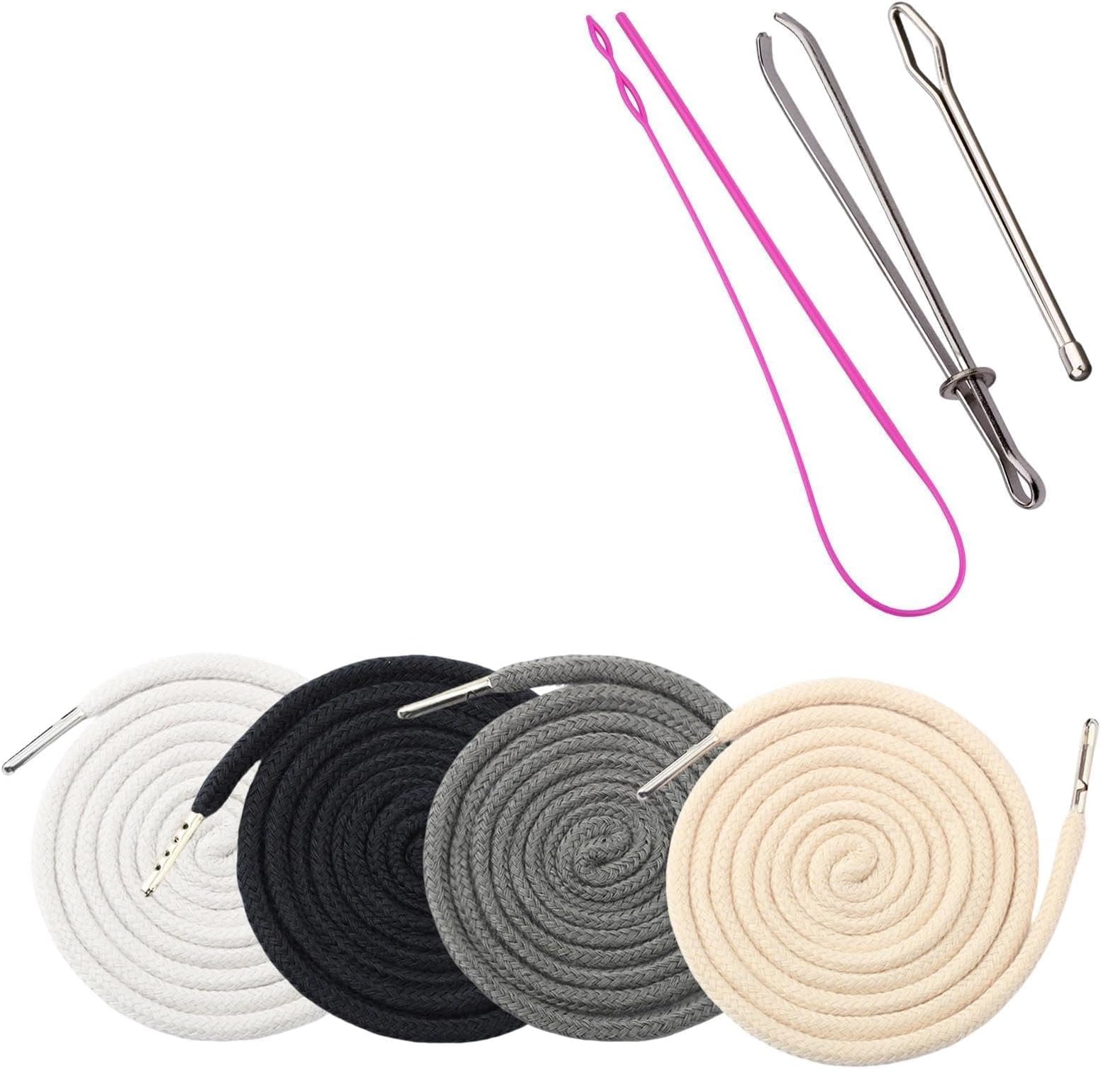 4Pcs Replacement Drawstring Cord with Three Easy Threaders, Round Cotton Drawstring for Pants Sweatpants Hoodies Jackets Shoes