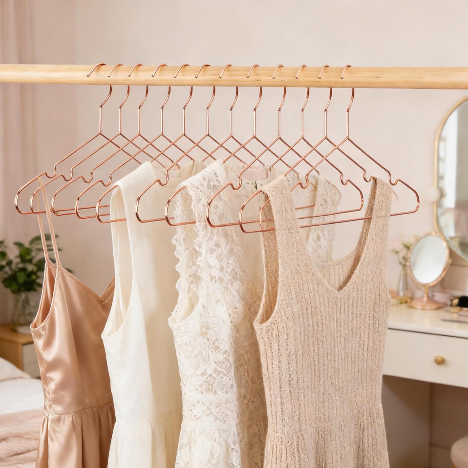 Rose Gold Adult Metal Wire Clothes Hangers, 16.5" Metal Hangers for Clothes Strong Hangers, 60 Pack Space Saving for Coat Suit Bridal Boutique Dress Closet Dorm Clothing Rack