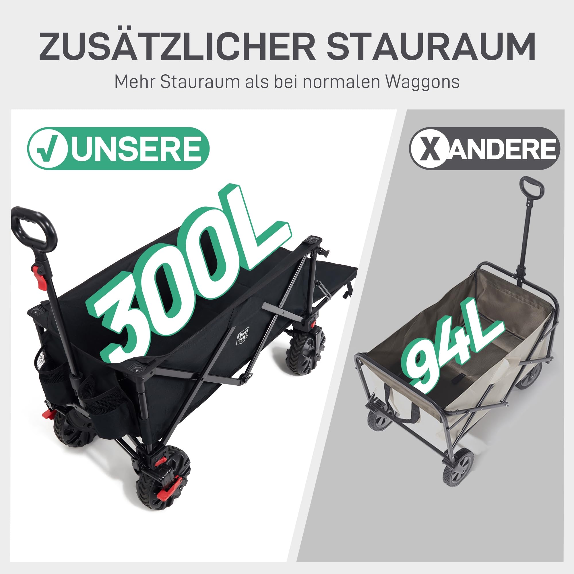 TIMBER RIDGE XXXL Bollerwagen Faltbare 300L Extra Langer mit Faltbarer Heckklappe Handwagen mit Seitentasche Getränkehalter verstellbarem Griff, Gartenwagen Transportwagen für Alle Gelände