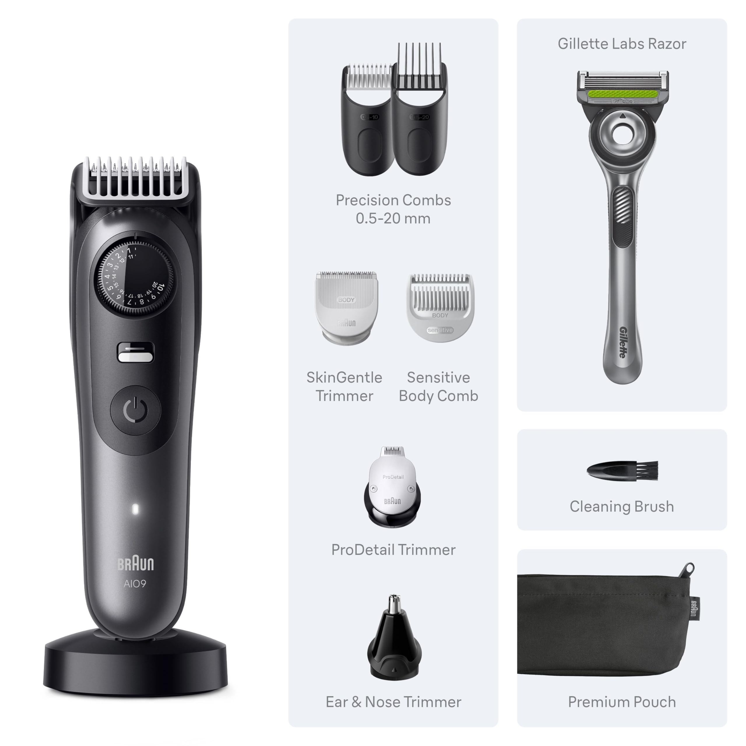 Braun Kit de rasage tout-en-un pour homme série 9 AIO 9535, barbe, visage, nez, oreille, tondeuse à cheveux, tondeuse corporelle et manscaping
