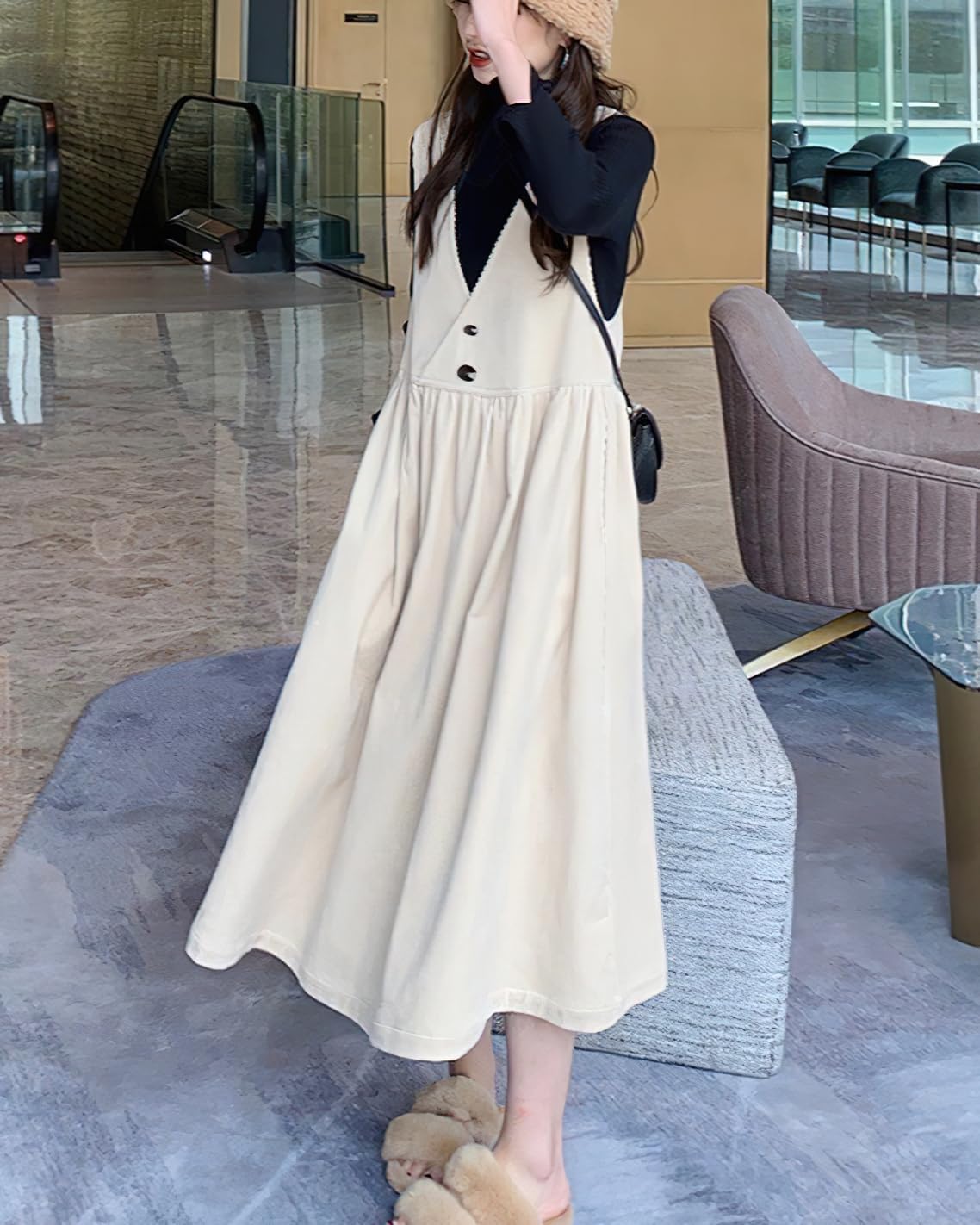 chouyatou Women's Elegant Sleeveless Corduroy Jumper Dress Flare Midi Long Overall Dress with Pockets - Image 3