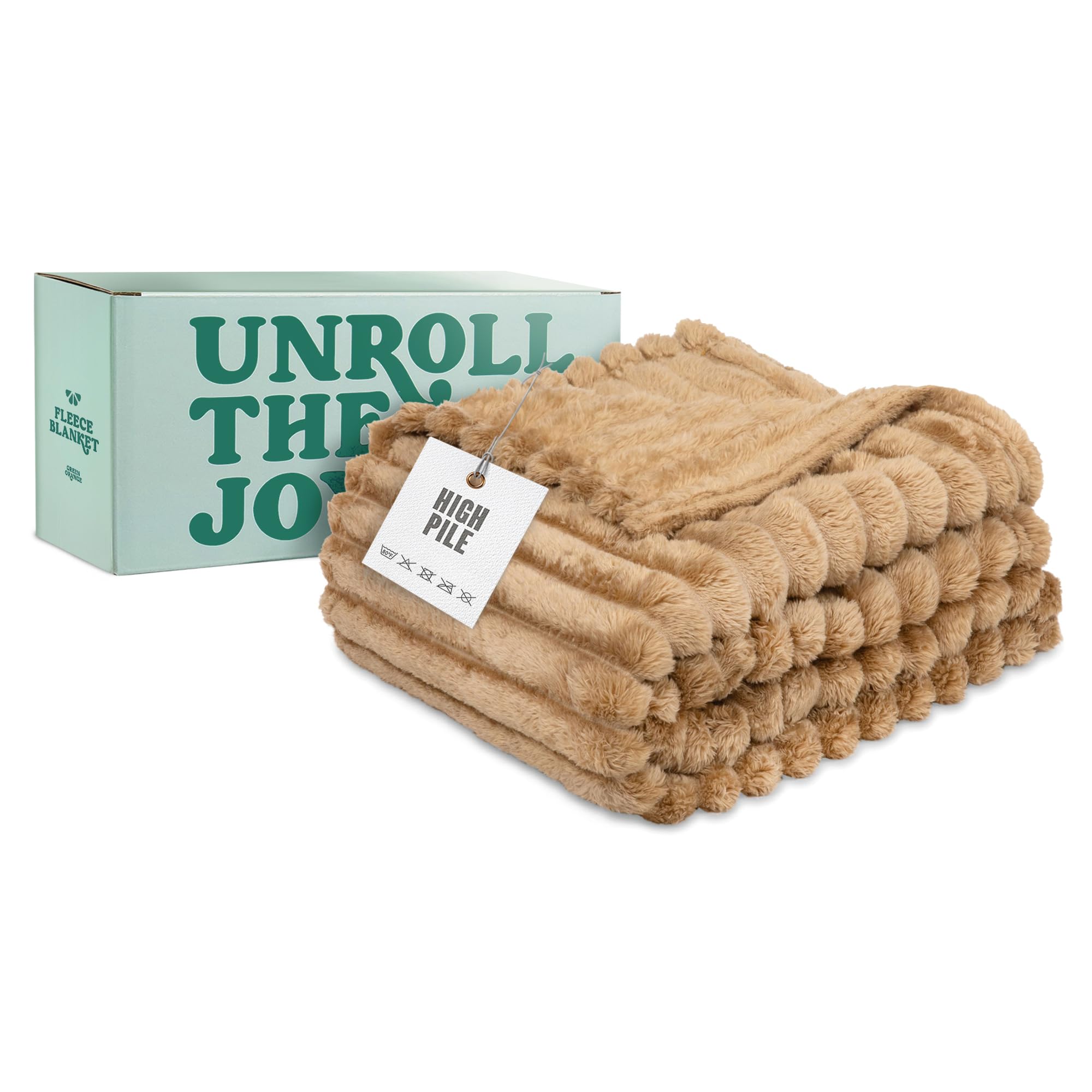 GREEN ORANGE 60" x 80" Twin Size Fleece Blanket in Stylish Gift Box, Brown Tan Color, 300GSM Warm Comfy - ECO-Certified, Hypoallergenic - Soft, Lightweight Plush Throw for Women, Men & Kids