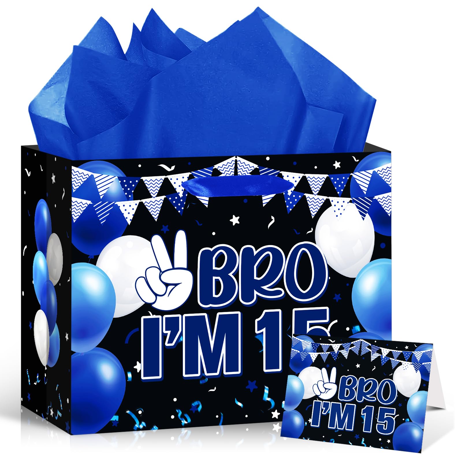 Blue Black 15th Birthday Gift Bag with Greeting Card Tissue Paper 11.8'' Bro I'm 15 Wrap Bag for Boys 15 Year Old Birthday Anniversary Party Decorations Goodie Wrapping Bag Presents Decor Supplies