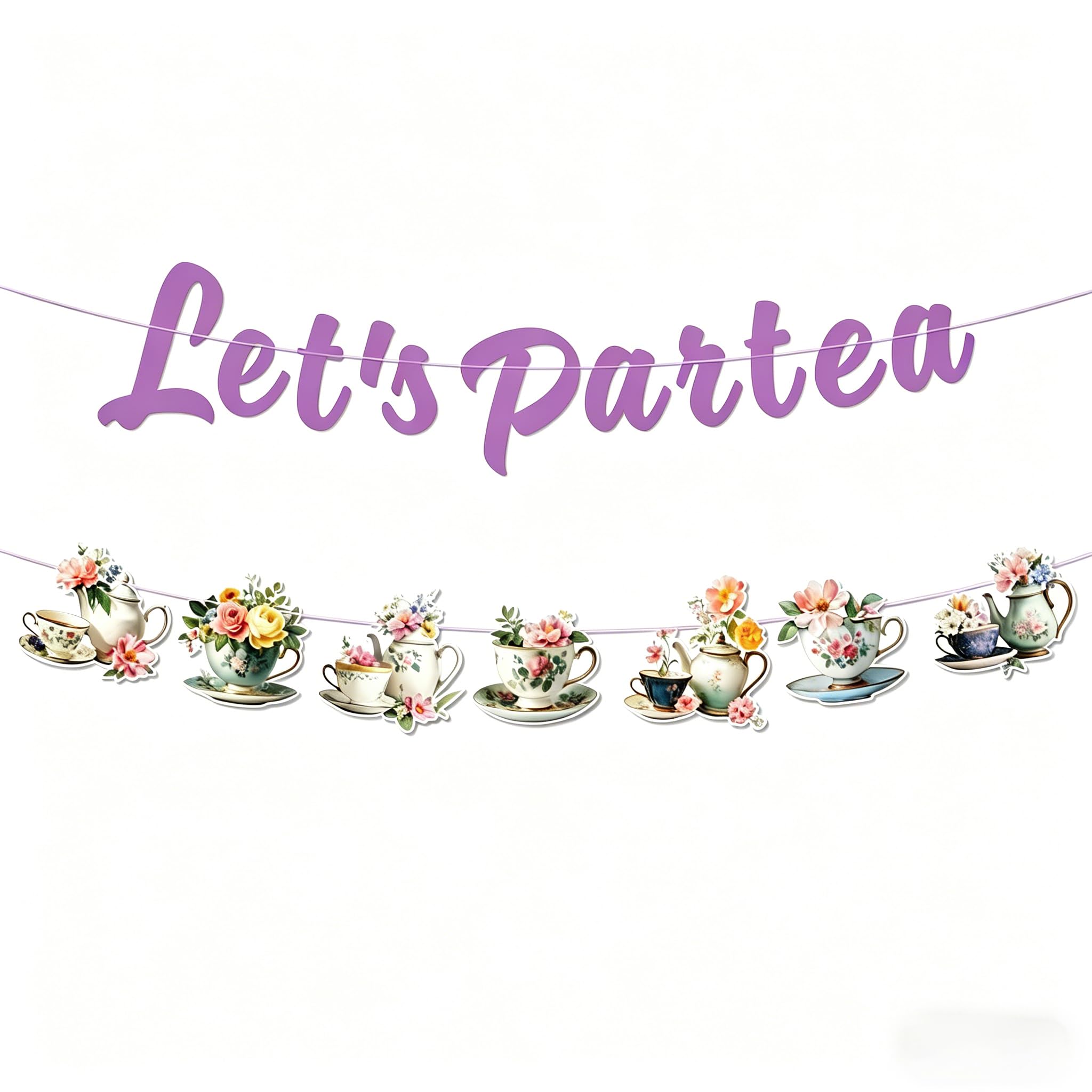 Vintage Tea Party Decorations Double Layer Banner - Floral Garland Let's Par Tea Sign for Bridal Shower, Garden Party, Afternoon Tea Decorations