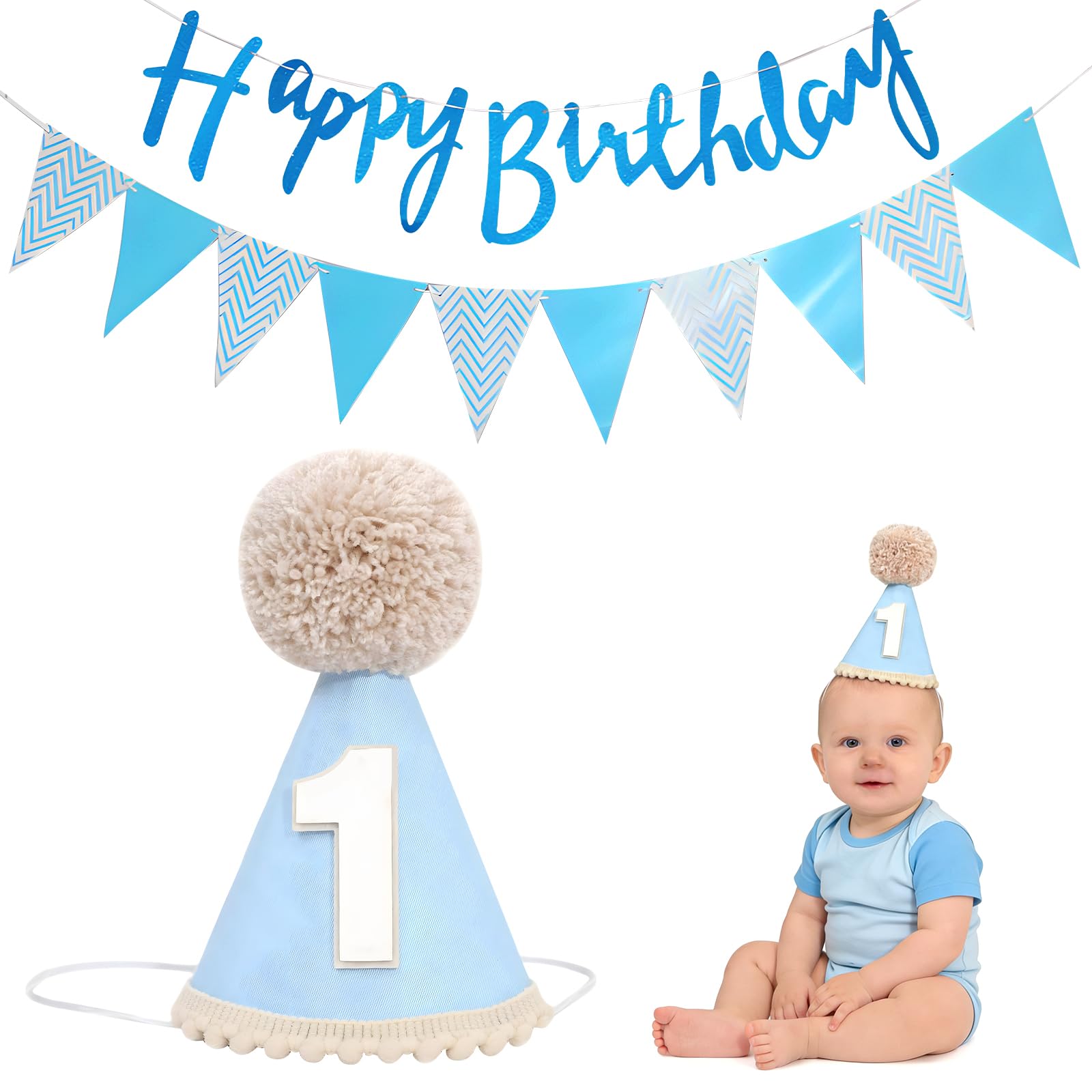 zhongko 1st Birthday Hat Banner, Blue Birthday Hat, 1st Birthday Party Decorations Photo Props, 1st Birthday Decorations for Boys, 1st Cone Hats with Elastic Band
