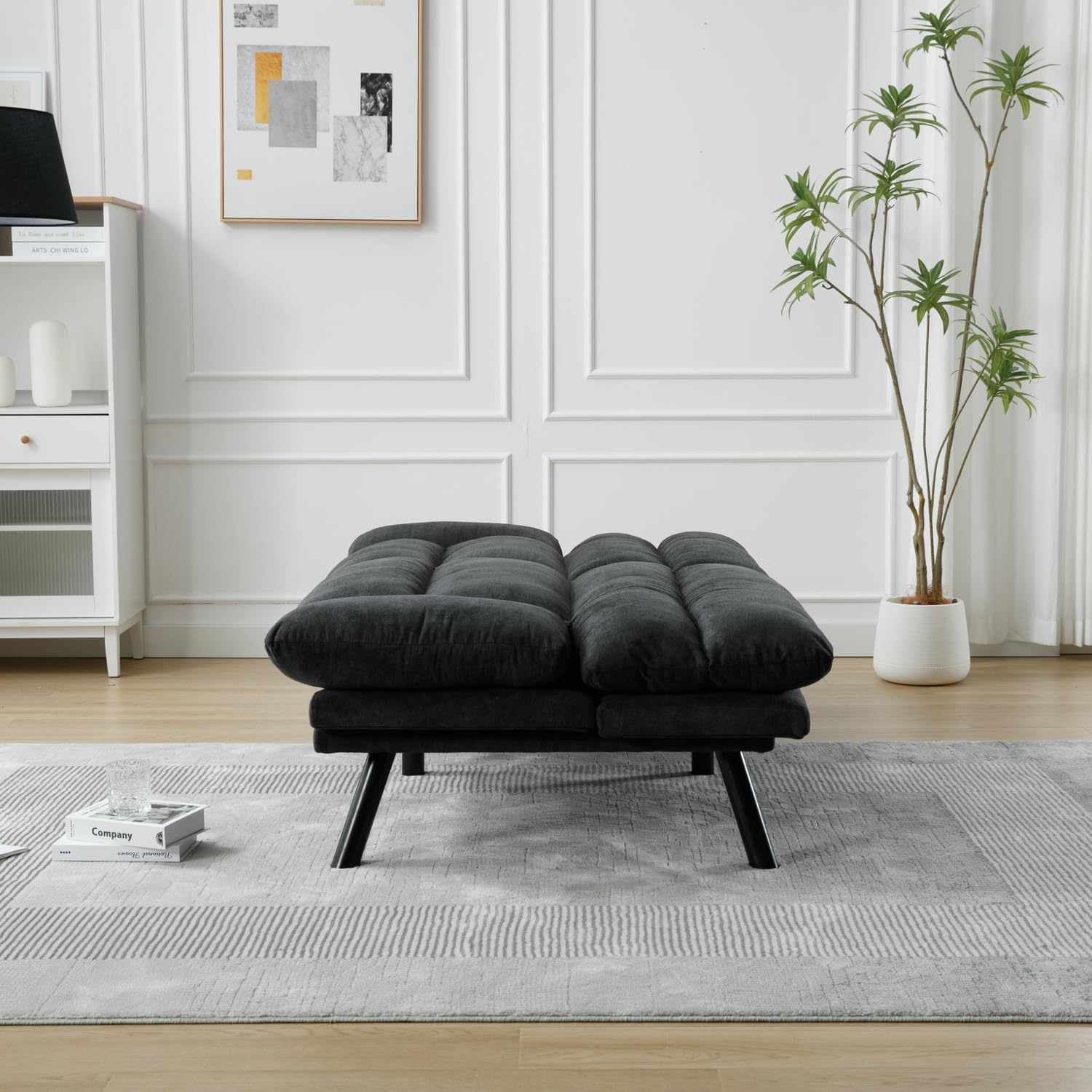 70'' Futon Convertible Sofa Couch，Loveseat with Adjustable Backrest & Armrests，Folding Sleeper Recliner for Living Room, Bedroom, Office, Apartment, Dorm (Dark Gray+ Linen)