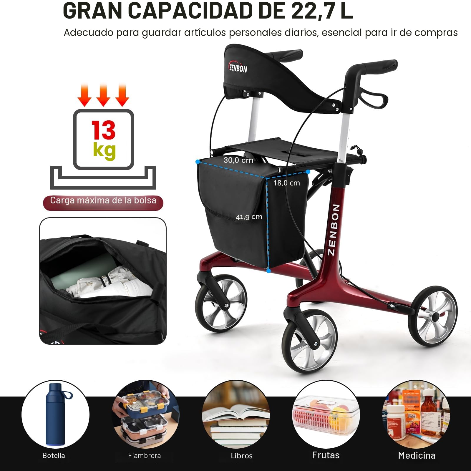 Andador para Ancianos Carbono: Andador Plegable y Ligero con Asiento - Andador Plegable Estrecho para Personas Mayores - Andador de Interior para Viajes en el Maletero (Rojo)