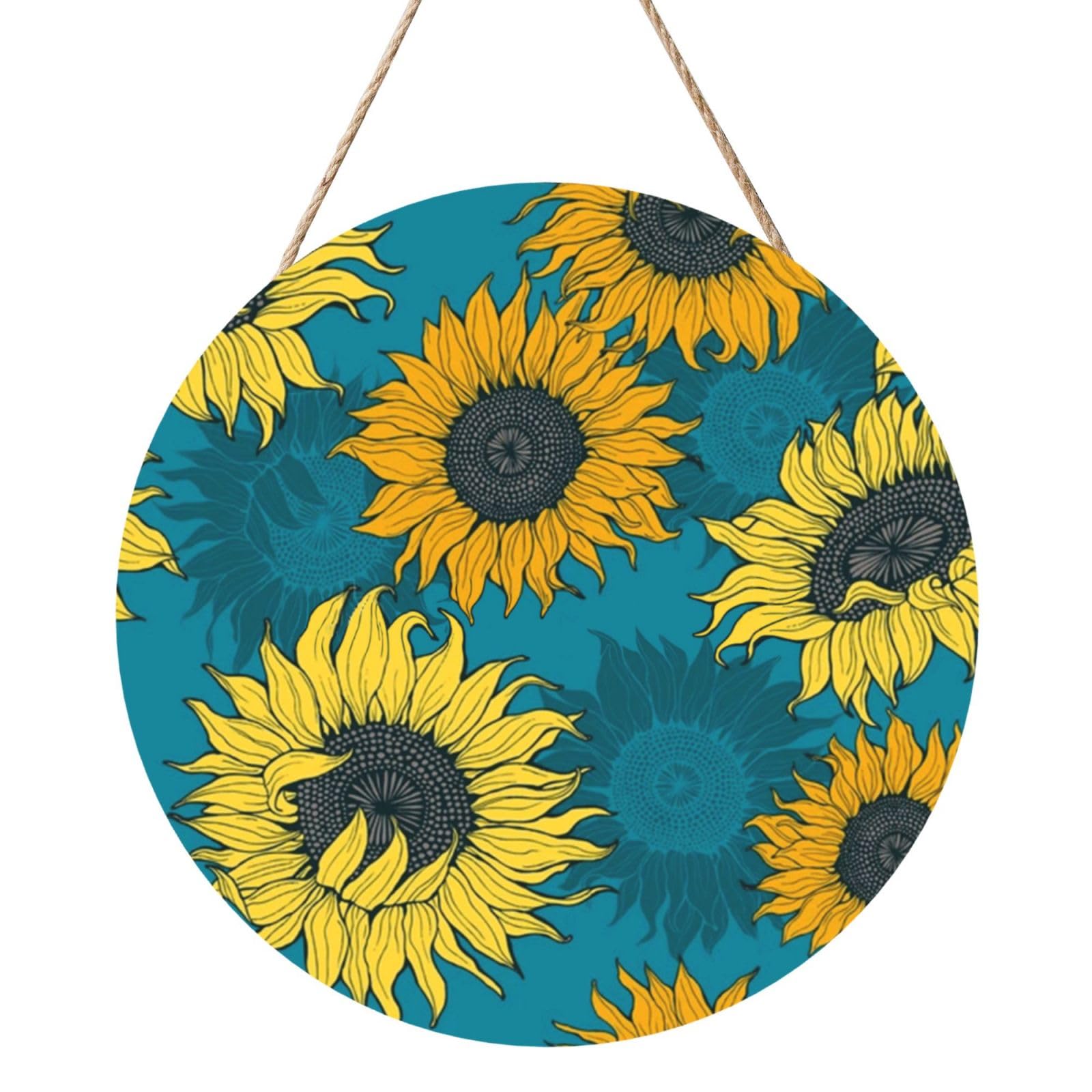 InOmak Yellow Sunflowers On A Blue Background, Round Wood Panel Painting 12 in, Wall Hanging Painting For Home