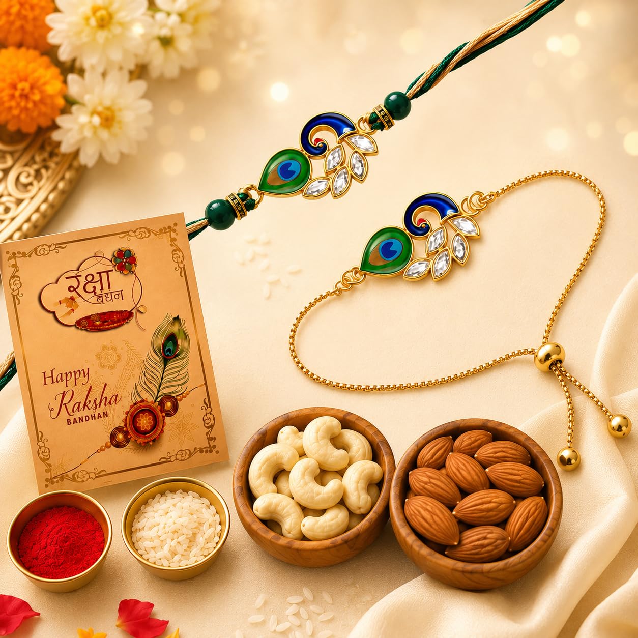 AWANI TRENDS Rakhi Hamper with Dry Fruits | 1 Rakhi and 1 Braclet | 50g Almonds | 50g Cashews | Greeting Card & Roli Chawal | Premium Raksha Bandhan Gift-image-37