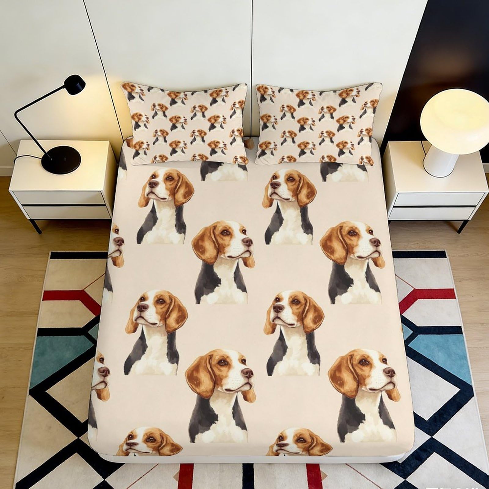 3D Printed Beagle Dog Fitted Sheet Microfiber Soft Breathable Puppy Bed Cover for Bedroom Guest Room Decor 90x200x25cm