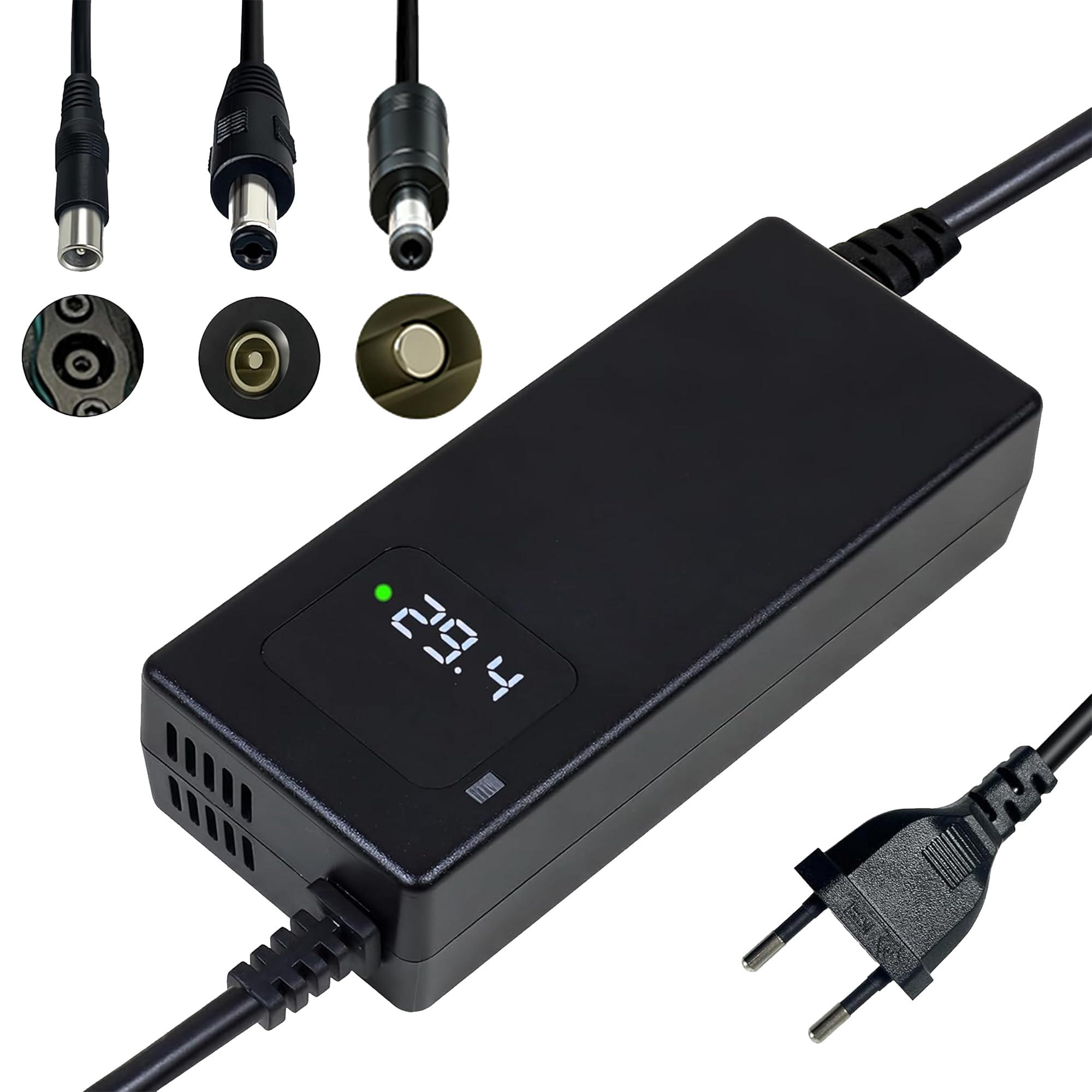 Caricatore 29,4 V 4 A agli ioni di litio 24 V, bicicletta elettrica e monopattino elettrico | Display LED, connettori RCA da 8 mm e DC 5,5 x 2,1/2,5 mm, protezione multipla e certificazione CE per una ricarica sicura.