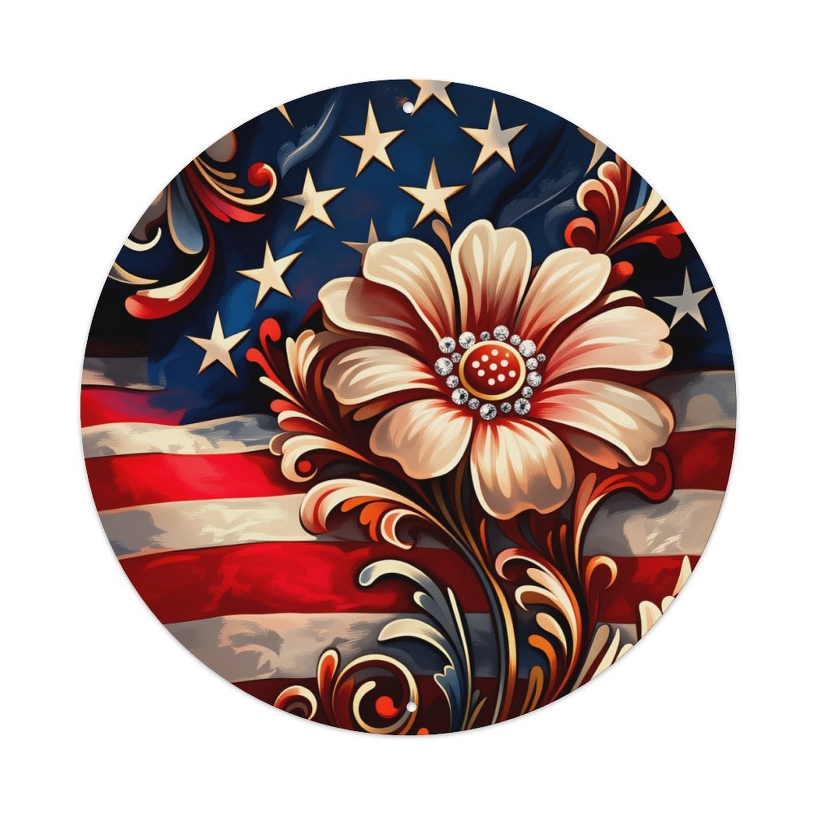 American Flag Floral Design Vintage Metal Tin Sign Retro Wall Decor for Home Bar Garage Cafe, Indoor & Outdoor Decorative，circle Metal Poster, 8x8 Inch
