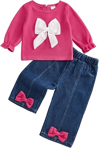 Toddler Baby Girls Outfits Long Sleeve Bow Sweatshirt Pullover Tops Denim Pants Set Sweatsuit Fall Winter Clothes