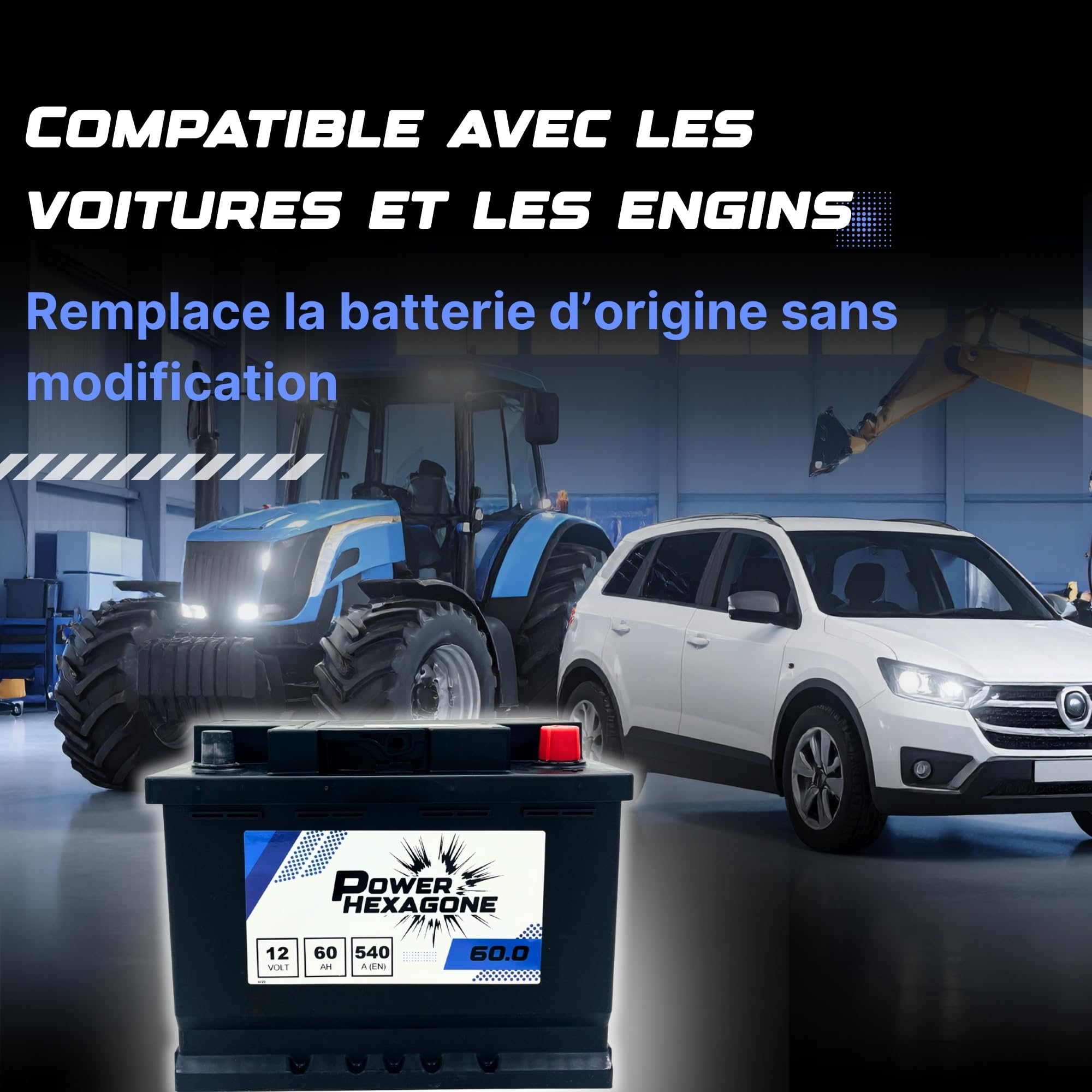 Batterie Voiture 12V 60Ah L2 - Démarrage 540A - Qualité équivalente Origine - Batterie Auto Sans Entretien - Prête à l’emploi - Compatible Engins et Véhicules légers - Power Hexagone