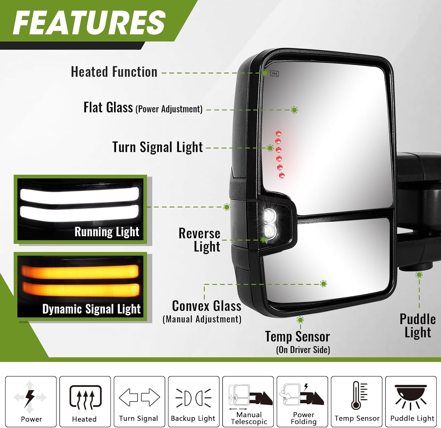 Power Folding Towing Mirrors for 2009-2018 Dodge Ram 1500,2010-2018 Ram 2500 3500,1500 Classic 2019-2024, Switchback Tow Mirrors with Dynamic Signal Light Extendable Pair Set(Textured Black)