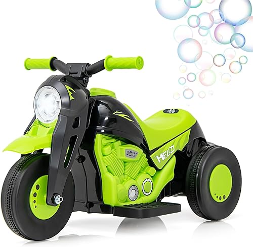 OLAKIDS Motocicleta para niños, automóvil eléctrico de 6 V con función automática de burbujas, pedal de pie, faro, música, 3 ruedas antideslizantes