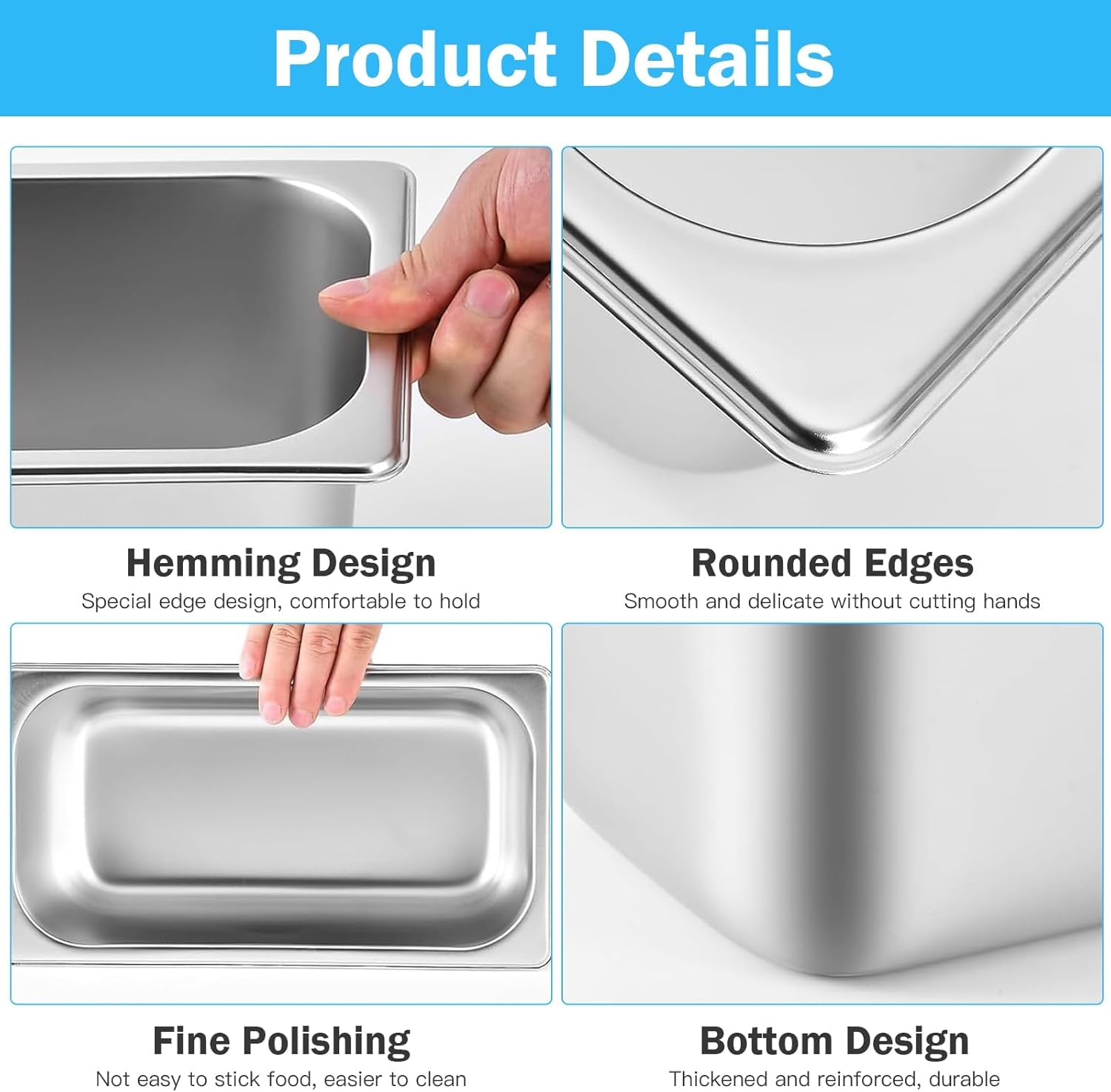 6 recipientes GN 1/3, 33 x 18 x 15 cm, de acero inoxidable con tapa, recipientes para alimentos, tartas, hoteles, etc