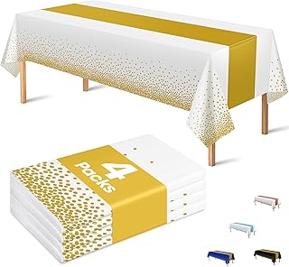 OHOME Paquete de 4 manteles desechables de plástico para fiestas, manteles rectangulares blancos y dorados para decoración de otoño, boda, despedida de soltera, cumpleaños, bautizo, amigos, decoraciones de Año Nuevo, 54 x 108 pulgadas