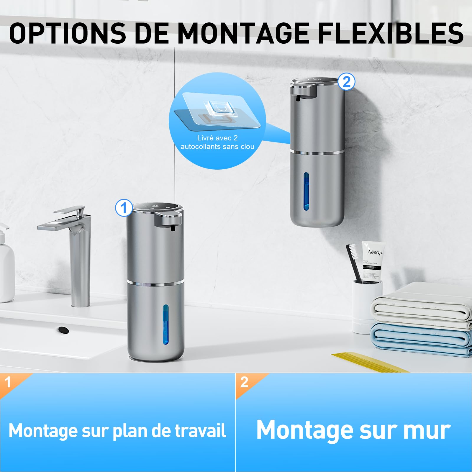 Distributeur de savon automatique, sans contact, distributeur de savon mural, mousse réglable sur 4 niveaux, noir. | Leroy Merlin