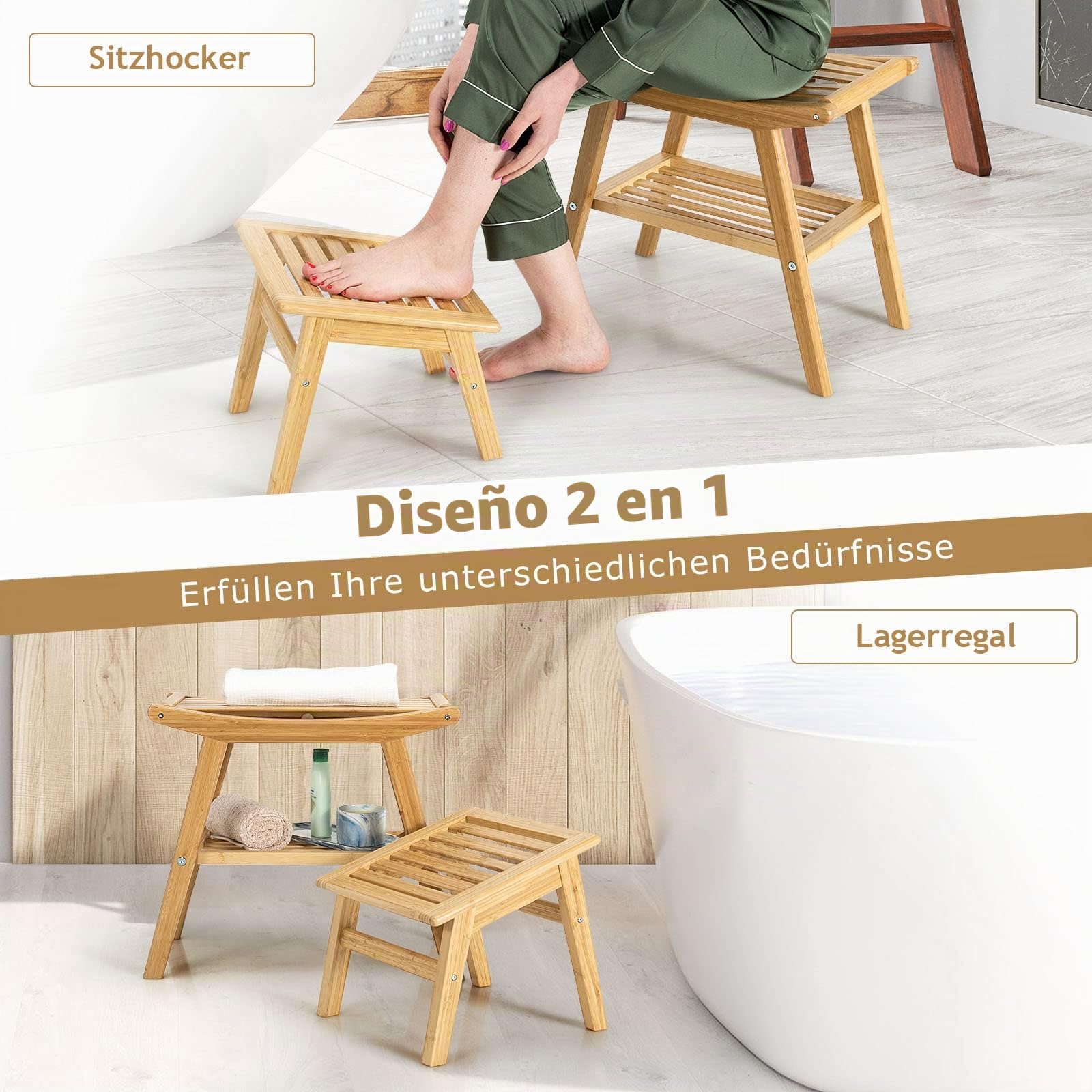 RELAX4LIFE Banco de ducha con reposapiés de bambú, banco con estante, asiento de baño con pies antideslizantes, soporta hasta 150 kg, ayuda para el baño para mujeres embarazadas y mayores, color