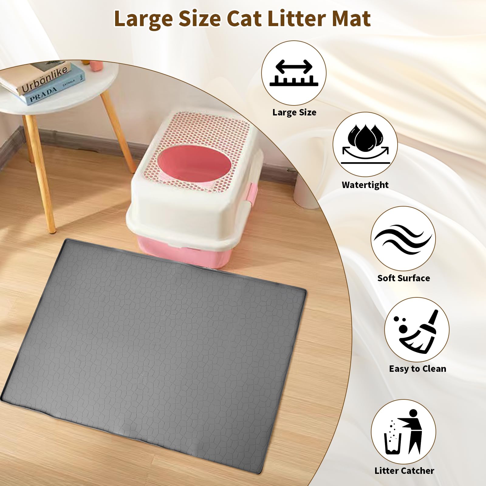 Tappetino per lettiera per gatti extra large, di alta qualità, resistente, impermeabile, in silicone, con bordi alti, antiscivolo, controllo dello spargimento, facile da pulire (86 x 55 cm, grigio)