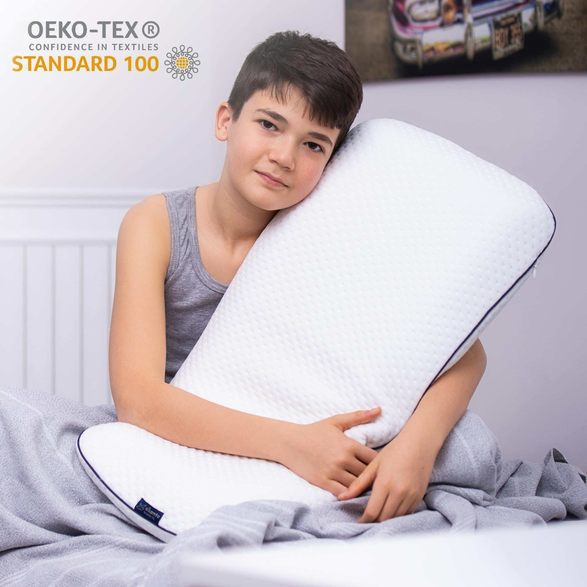 alkamto Oreiller orthopédique pour Enfants | 66 x 33 cm | Certifié Oeko-Tex | pour Les Enfants de 3 à 8 Ans (60 x 33 x 6 cm)